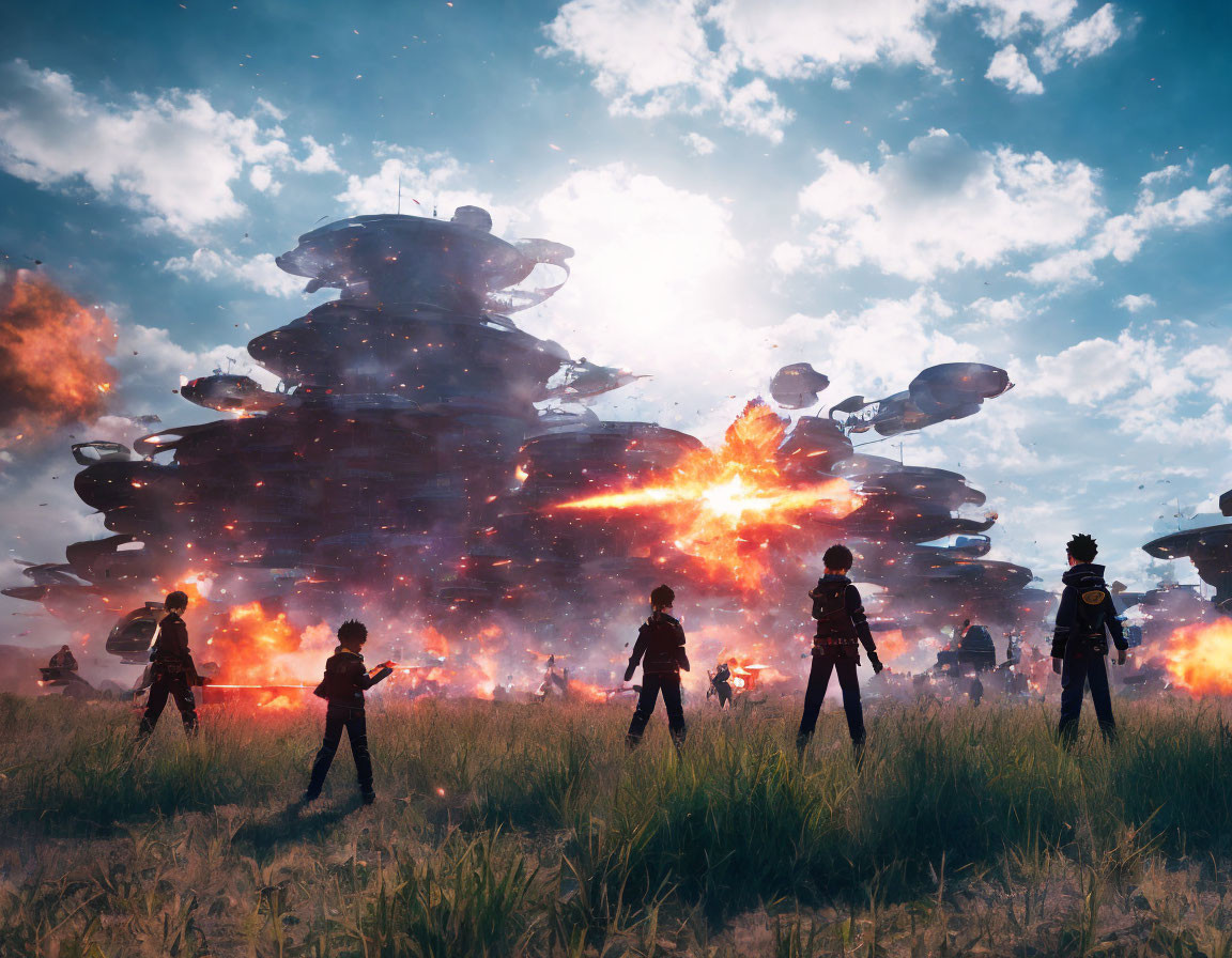 Silhouetted Group Watches Massive Explosion in Futuristic City