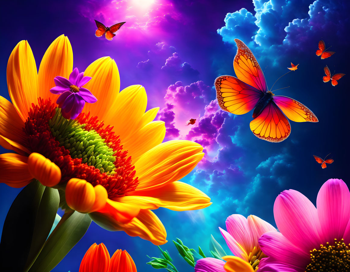 Colorful flowers and butterflies under dramatic sky