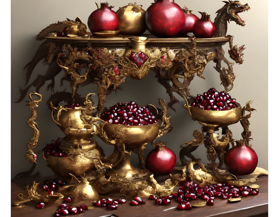 Opulent still life with golden vessels, pomegranates, and seeds