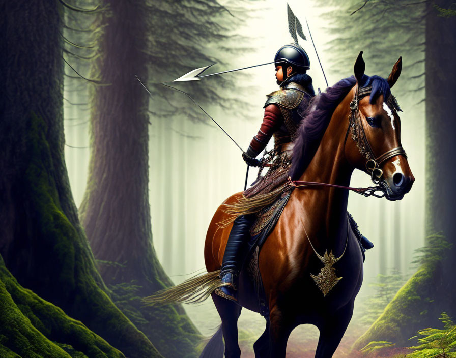 Medieval knight on brown horse in misty forest with lightning bolt symbol.