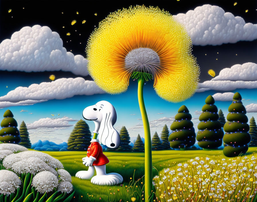 Animated dog in grass under starry sky with dandelion-like plant