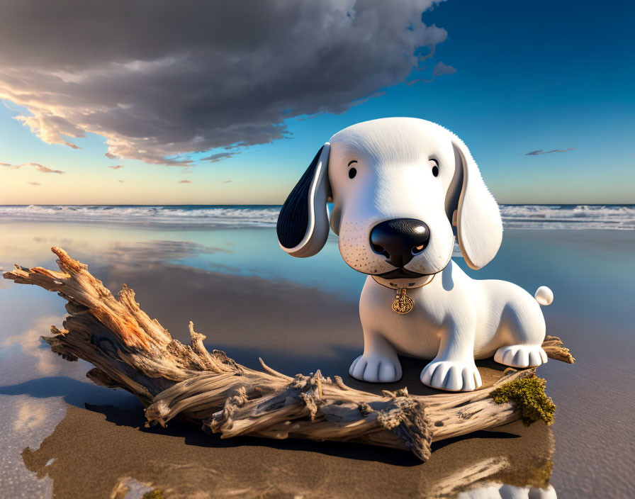 White Puppy Cartoon Illustration on Seaside Driftwood Log