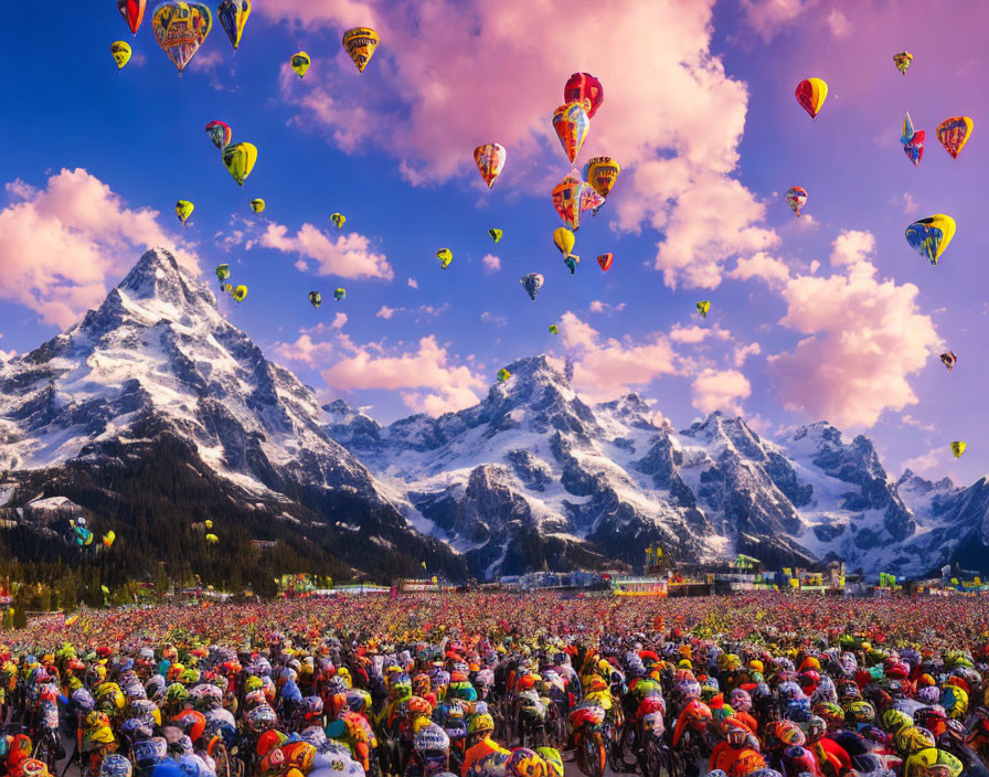 Vivid jersey-clad cyclists in colorful bike race with hot air balloons and snow-capped mountains