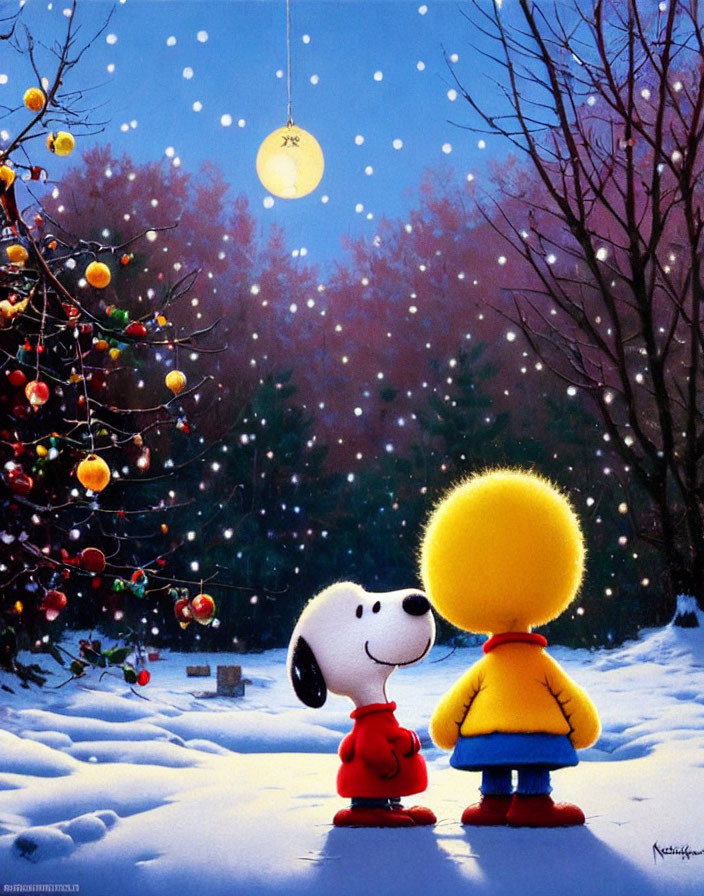 Animated characters under starry night sky with snow-covered trees and decorated tree