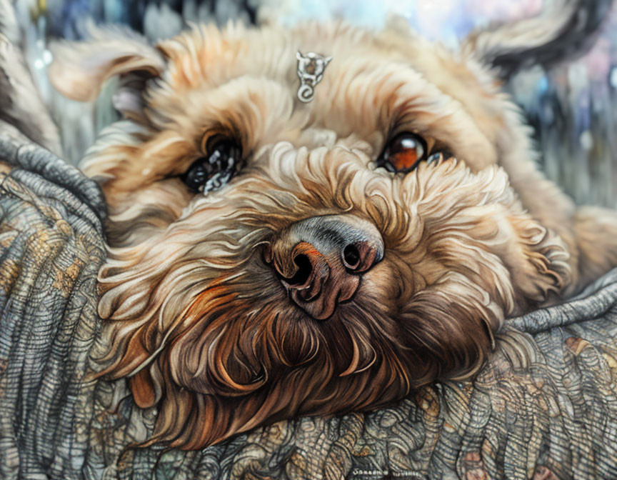 Fluffy Brown Dog with Black Nose Resting Head on Textured Surface