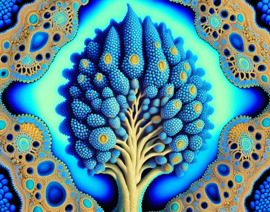 Intricate Blue and Golden Fractal Tree on Swirling Background