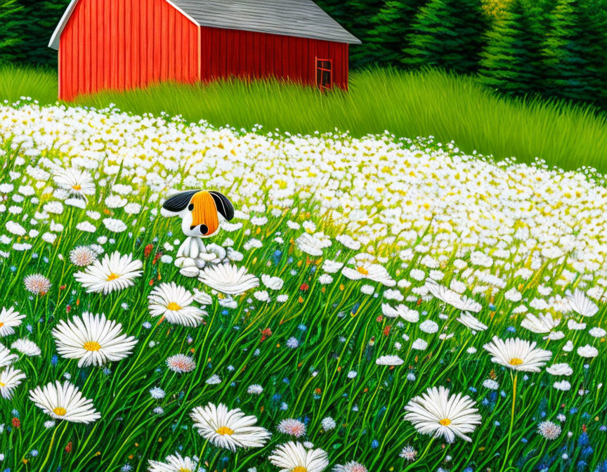 Colorful painting of red barn, green trees, white daisies, and beagle in field