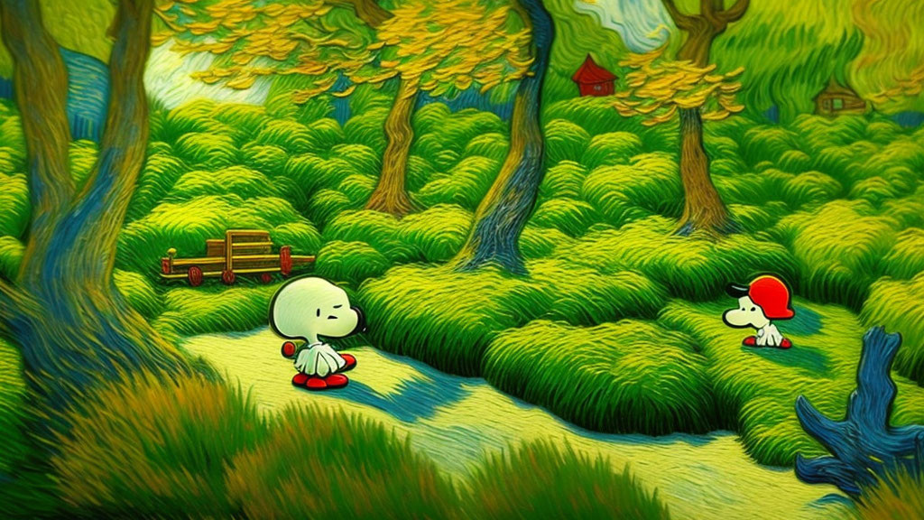 Stylized characters in vibrant green forest setting