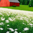 Colorful painting of red barn, green trees, white daisies, and beagle in field