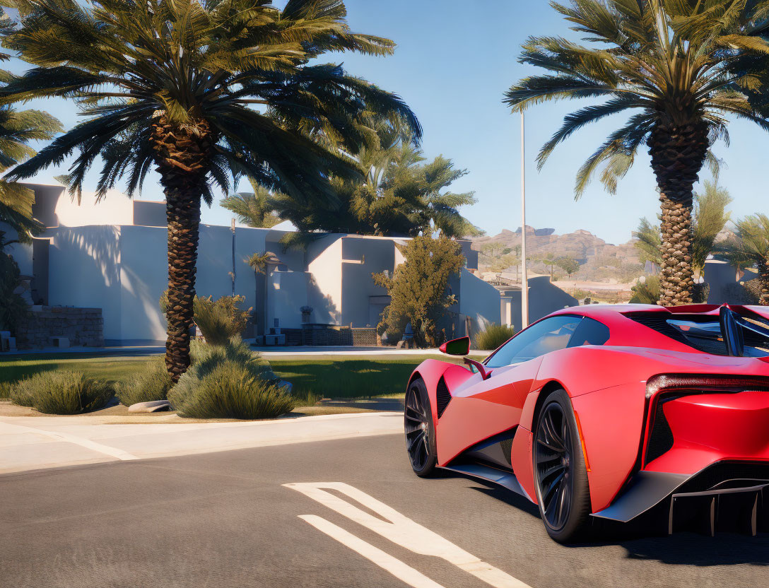 Red Sports Car Parked Near Palm Trees in Sunny Modern Residential Area