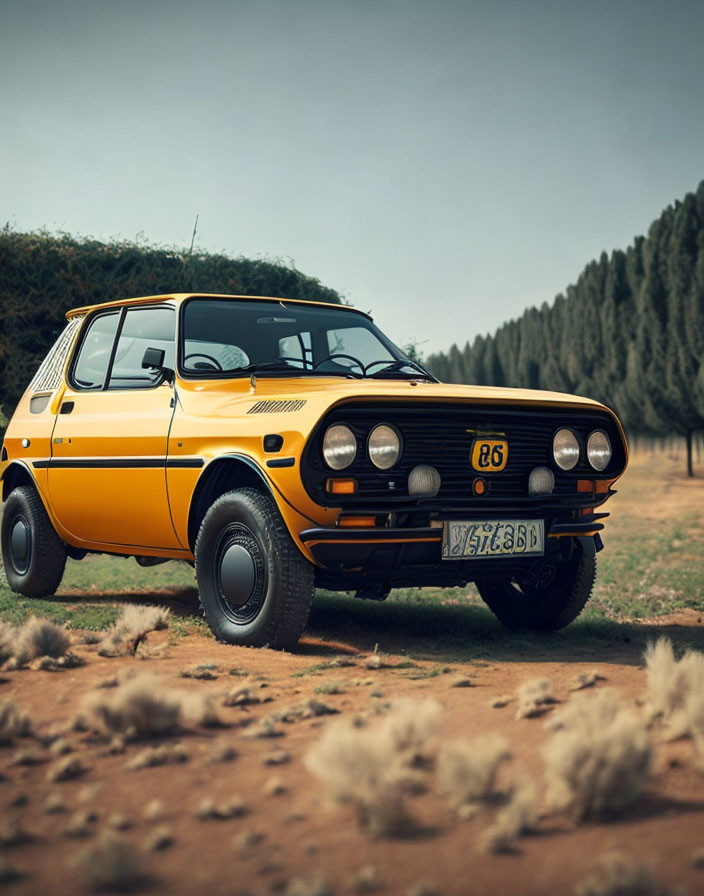 Vintage Yellow Car with Black Racing Stripes on Dirt Road Amid Pine Trees