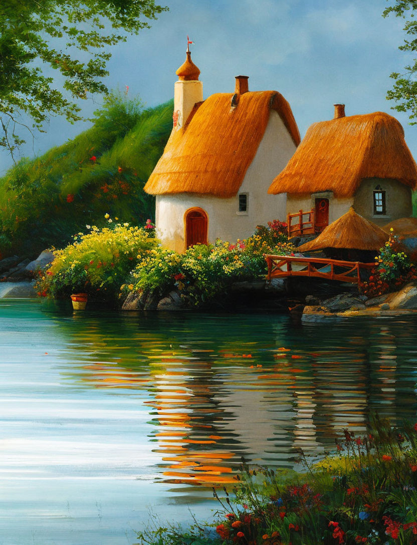 Thatched Cottage by Serene Lake with Red Door