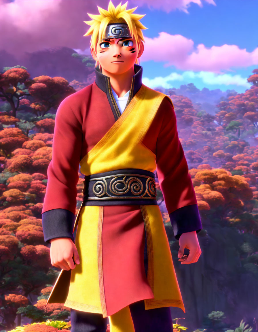 Blonde-Haired Animated Character in Red and Yellow Robe with Nature Background