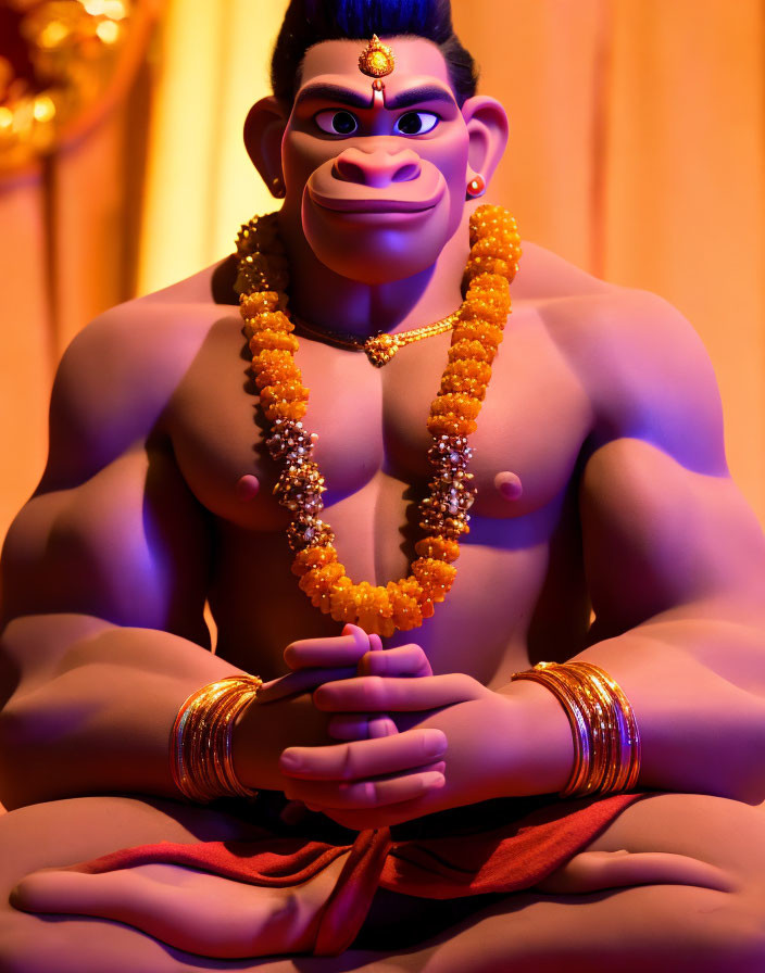 Meditating Lord Hanuman Statue with Garlands and Golden Accessories