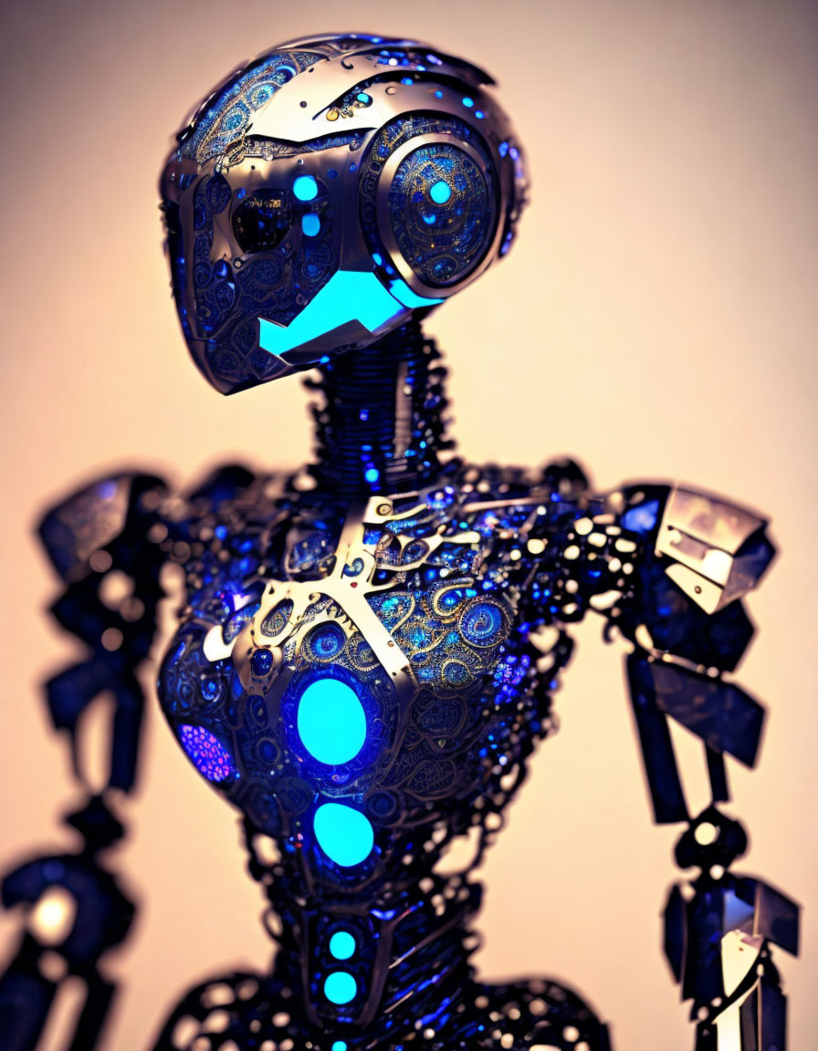 Detailed futuristic robot with glowing blue lights on warm background