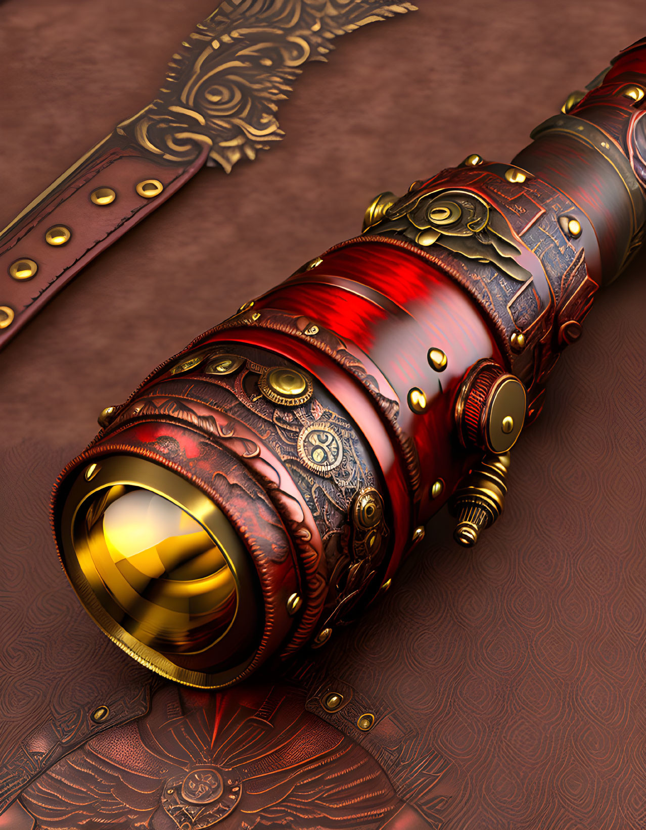 Steampunk-style telescope with metallic gears on reddish-brown background