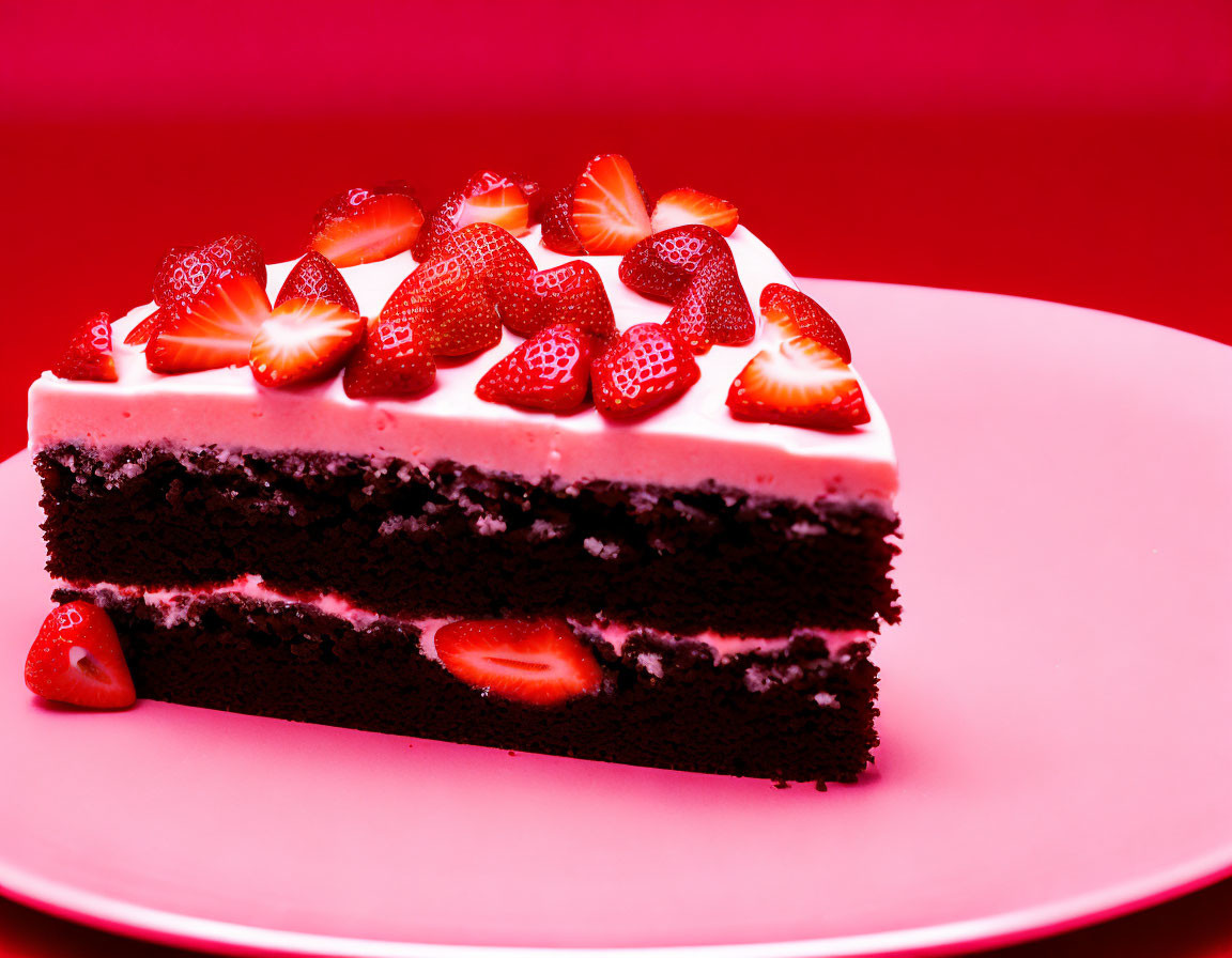 Chocolate cake slice with pink frosting and strawberries on pink plate against red background