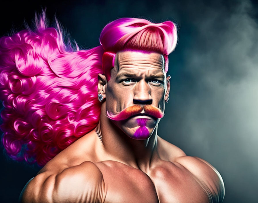 Muscular figure with pink pompadour and mustache on dark background