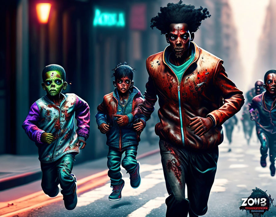 Zombie characters running in urban street with green-tinted faces