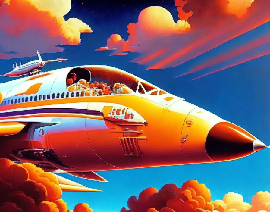 Vibrant futuristic airplanes in colorful sky illustration