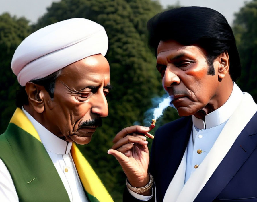 Animated male characters in white turban and green jacket face off with serious expressions, one smoking a pipe