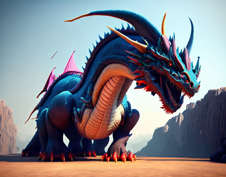 Blue Dragon with Red Spikes in Desert Landscape