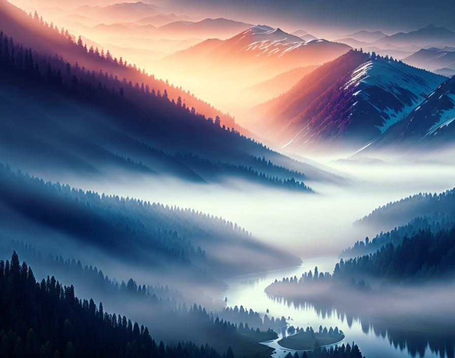 Mountain landscape at dawn: layered hills, winding river, forest, blue to orange sky