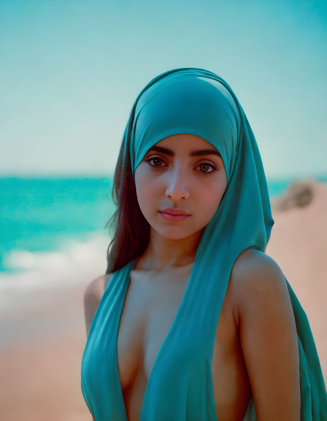 Woman in Blue Headscarf Serenely Stands at Beach