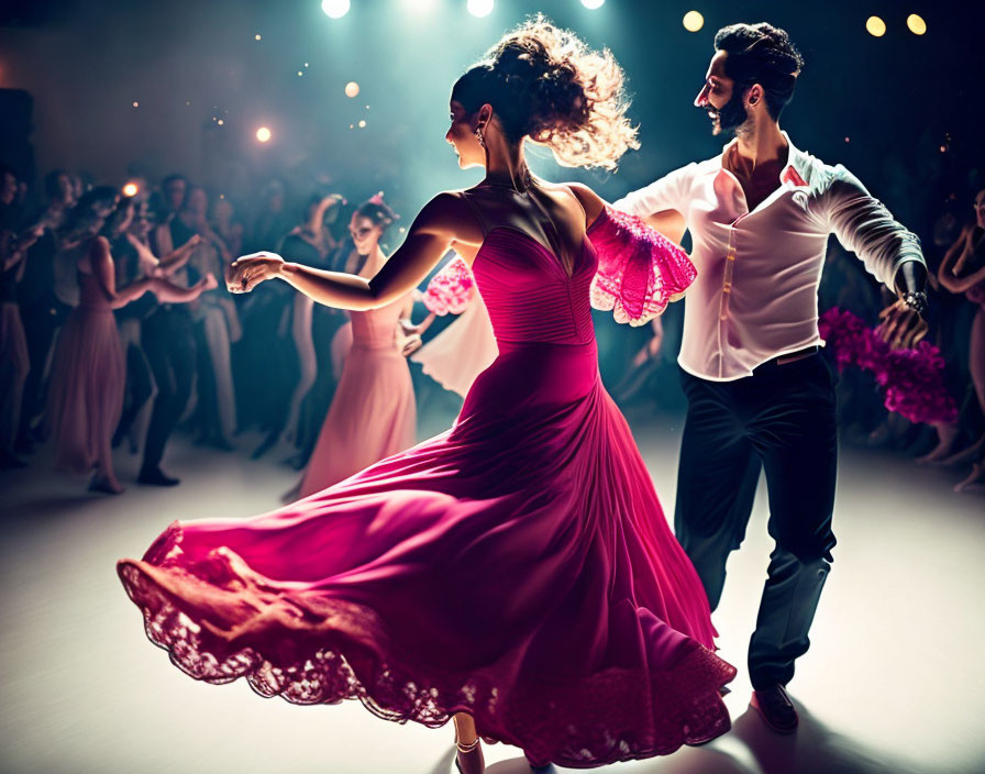 Elegant couple dancing at a ball in pink dress and smart suit