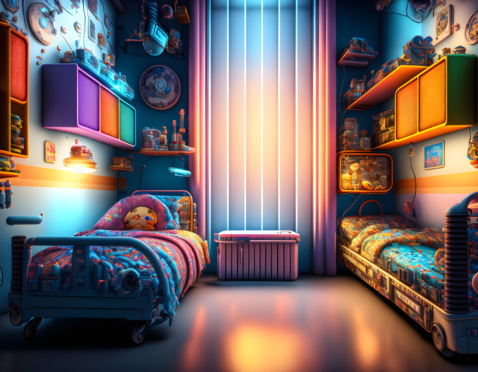 Colorful children's room with two beds, toys, and neon light at dusk