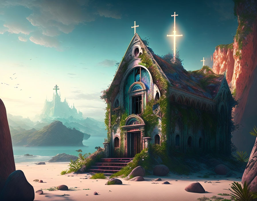 Ethereal fantasy landscape: Abandoned church on beach under twilight sky