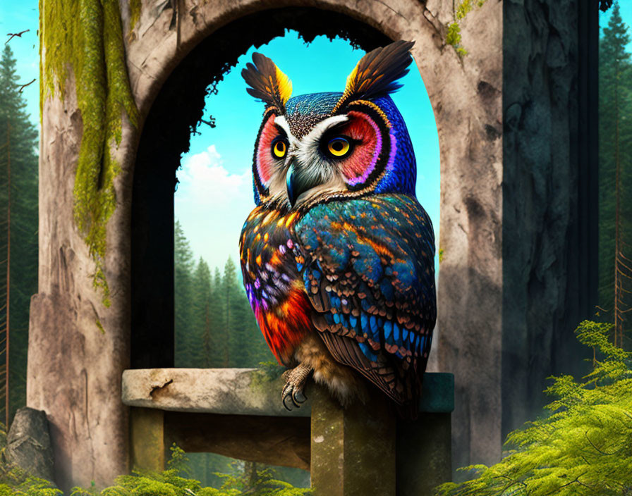Colorful Fantastical Owl Perched on Stone Structure in Forest Scene