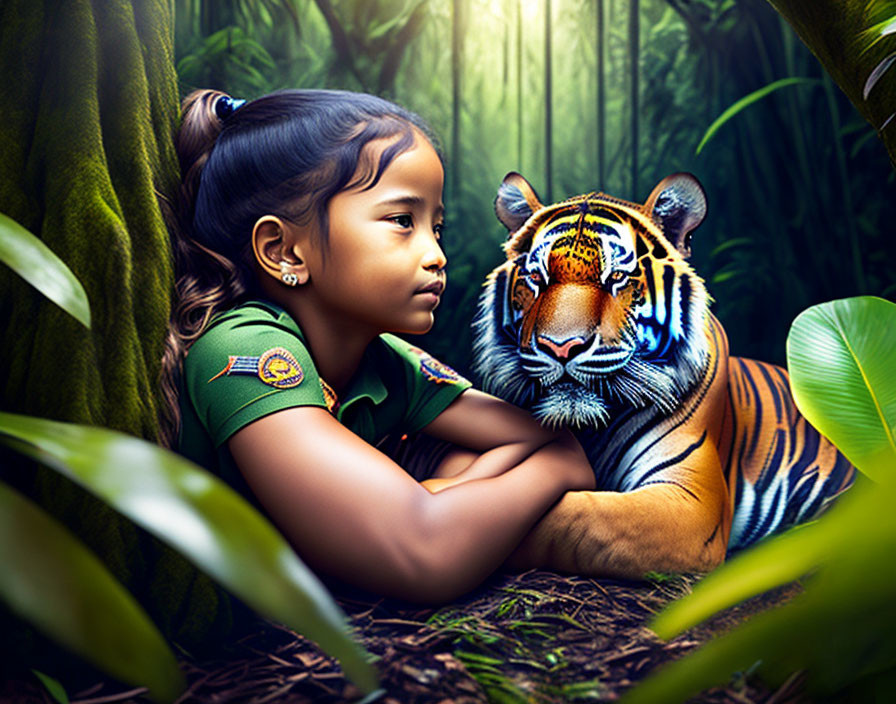 Young girl and tiger in lush jungle scene