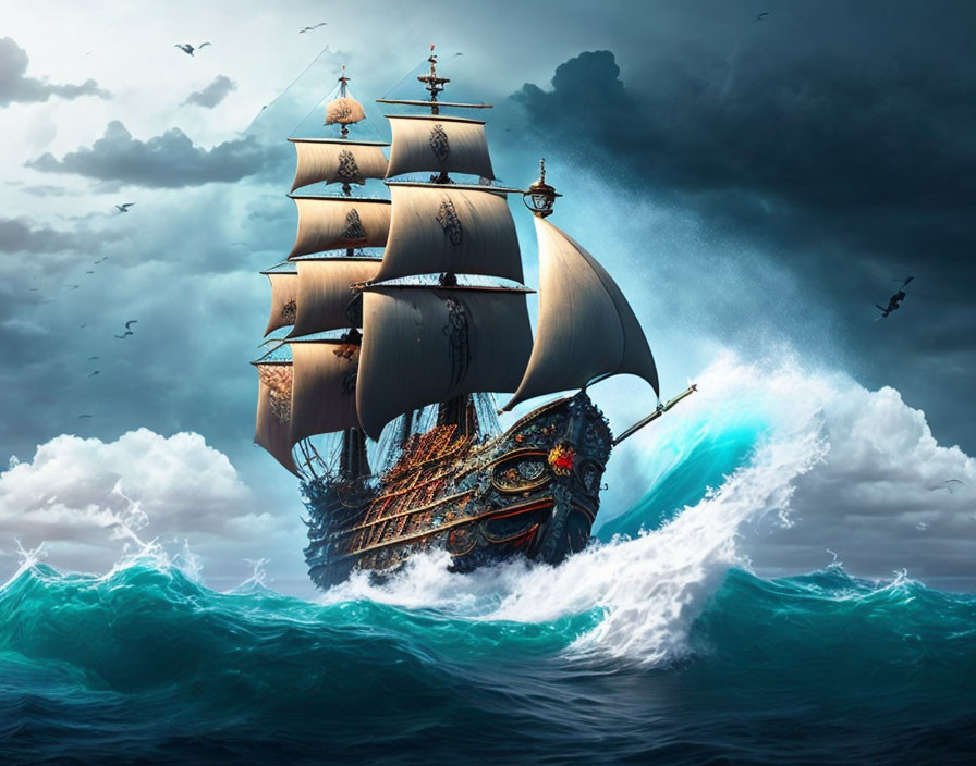 Tall ship with multiple sails navigating stormy ocean waves