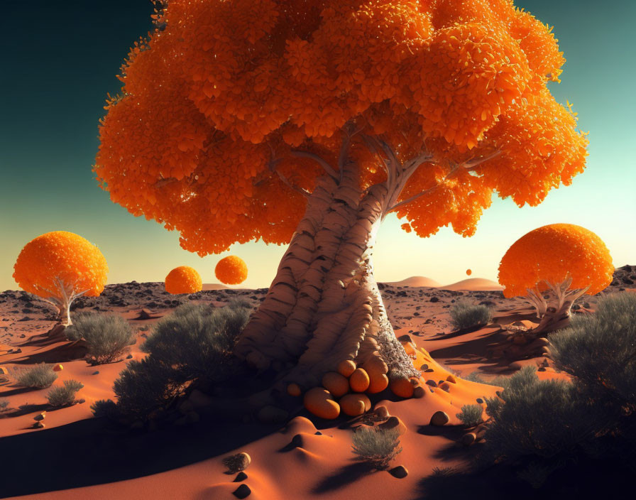 Vibrant orange round-canopy trees in surreal desert landscape