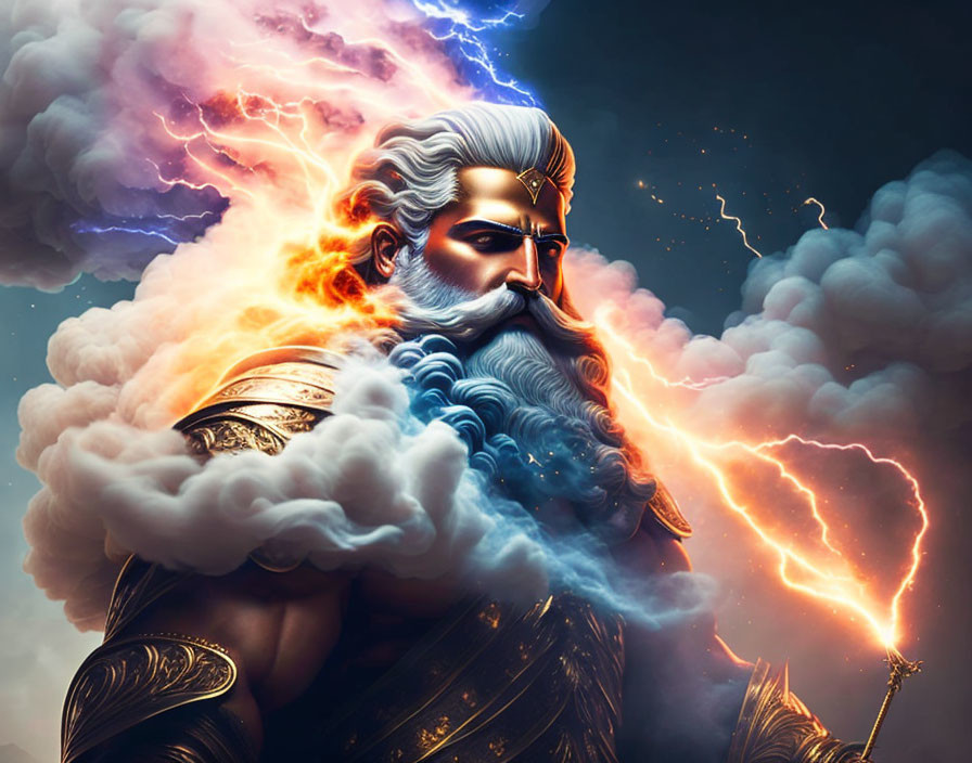 Majestic bearded figure resembling Zeus with lightning bolt in stormy sky.