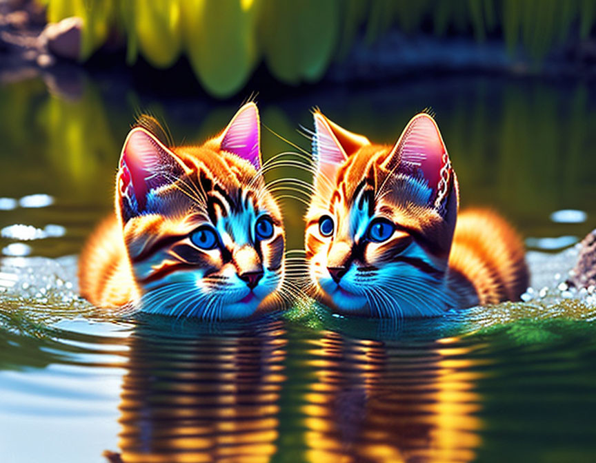 Stylized vibrant cats with blue eyes in water with lily pads