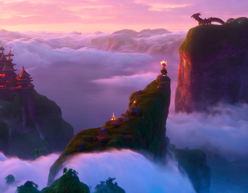 Mystical landscape with cliff, pagodas, dragon silhouette, sea of clouds, purple sky