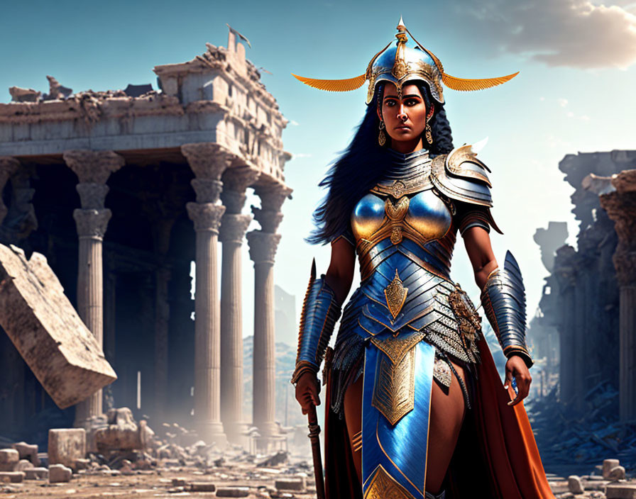 Warrior woman in golden armor amid ancient ruins under blue sky