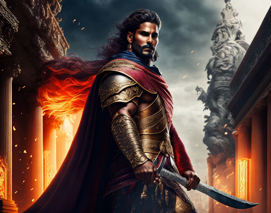 Bearded warrior in golden armor wields sword amidst fiery ruins