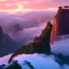 Mystical landscape with cliff, pagodas, dragon silhouette, sea of clouds, purple sky