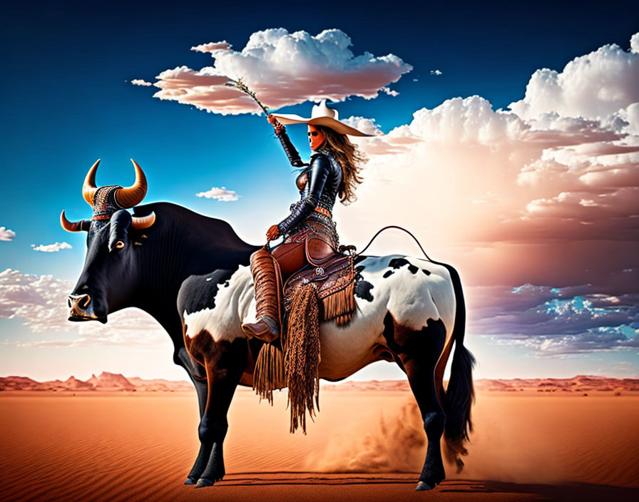 Woman in western attire rides bull in desert with spear, under fluffy cloud sky