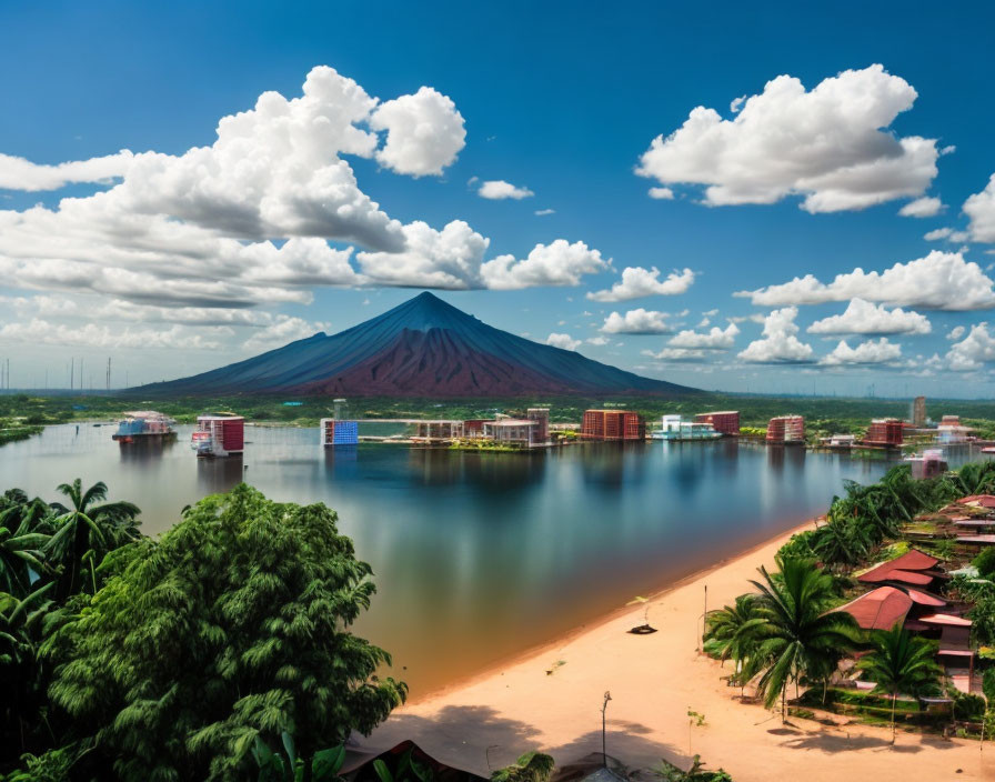 Majestic volcano dominates serene river scene