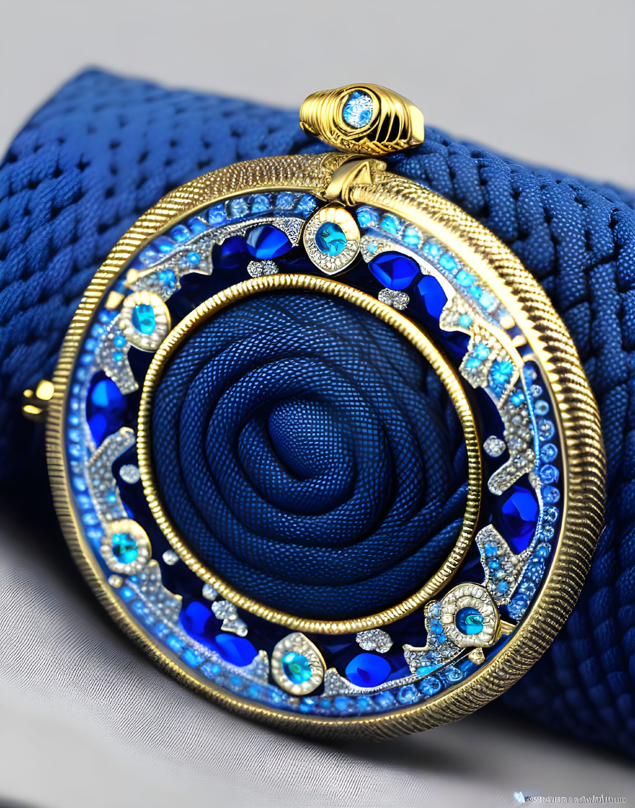 Gold pendant with blue gemstones in circular pattern on textured blue fabric