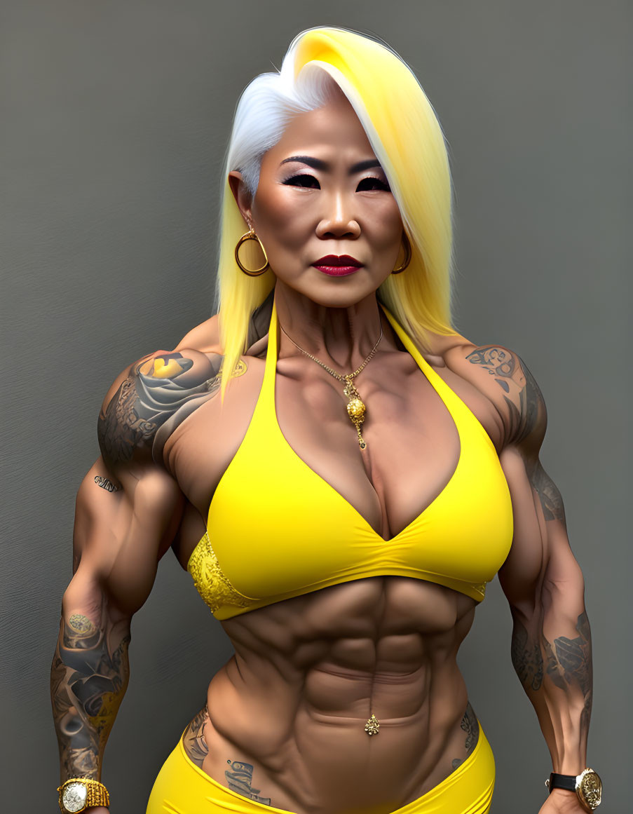 Muscular woman with blonde hair, tattoos, yellow bikini, gold jewelry.