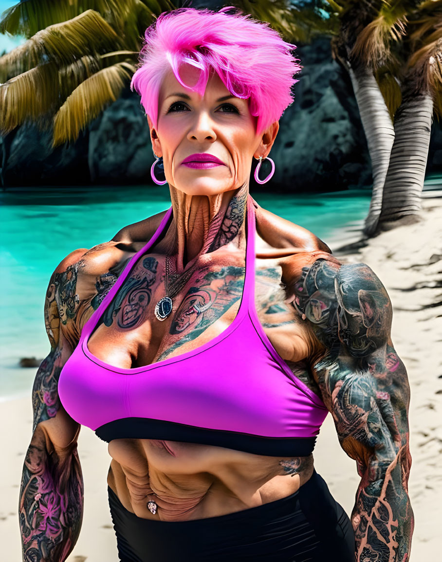 Pink-haired woman with tattoos on beach in purple top under sunny sky