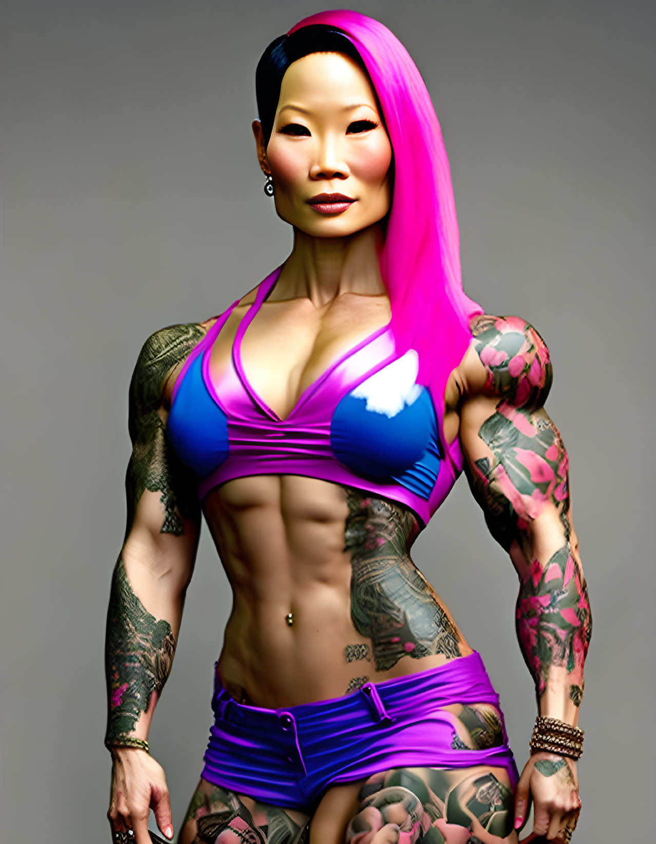 Muscular woman with pink hair, tattoos in purple sports attire