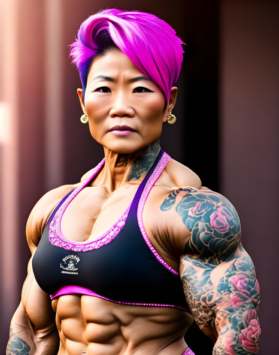 Muscular person with purple hair and tattoos in black sports top with pink details