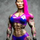 Muscular woman with pink hair, tattoos in purple sports attire