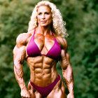 Muscular woman in purple bikini showcasing defined physique